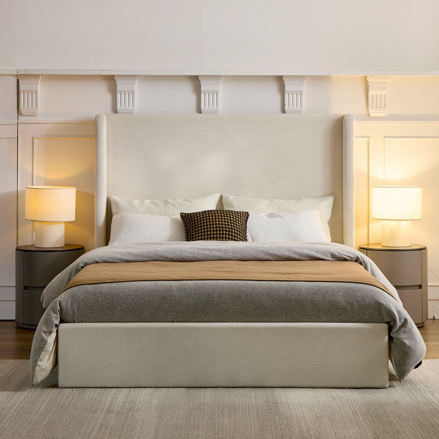 Caron - Upholstered Wingback Bed With High Headboard