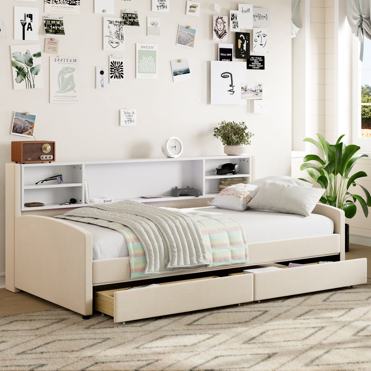Twin Size Luxurious Upholstered Platform Bed With Storage Drawers - Beige
