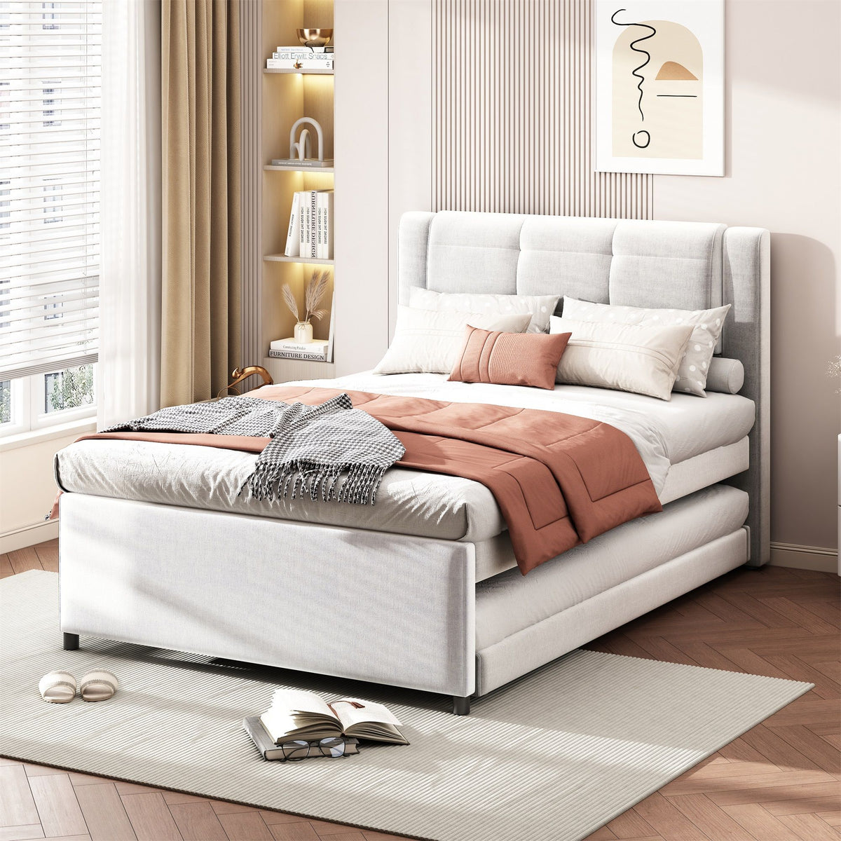 Upholstery Platform Bed With Trundle, Trundle Can Be Flat Or Erected