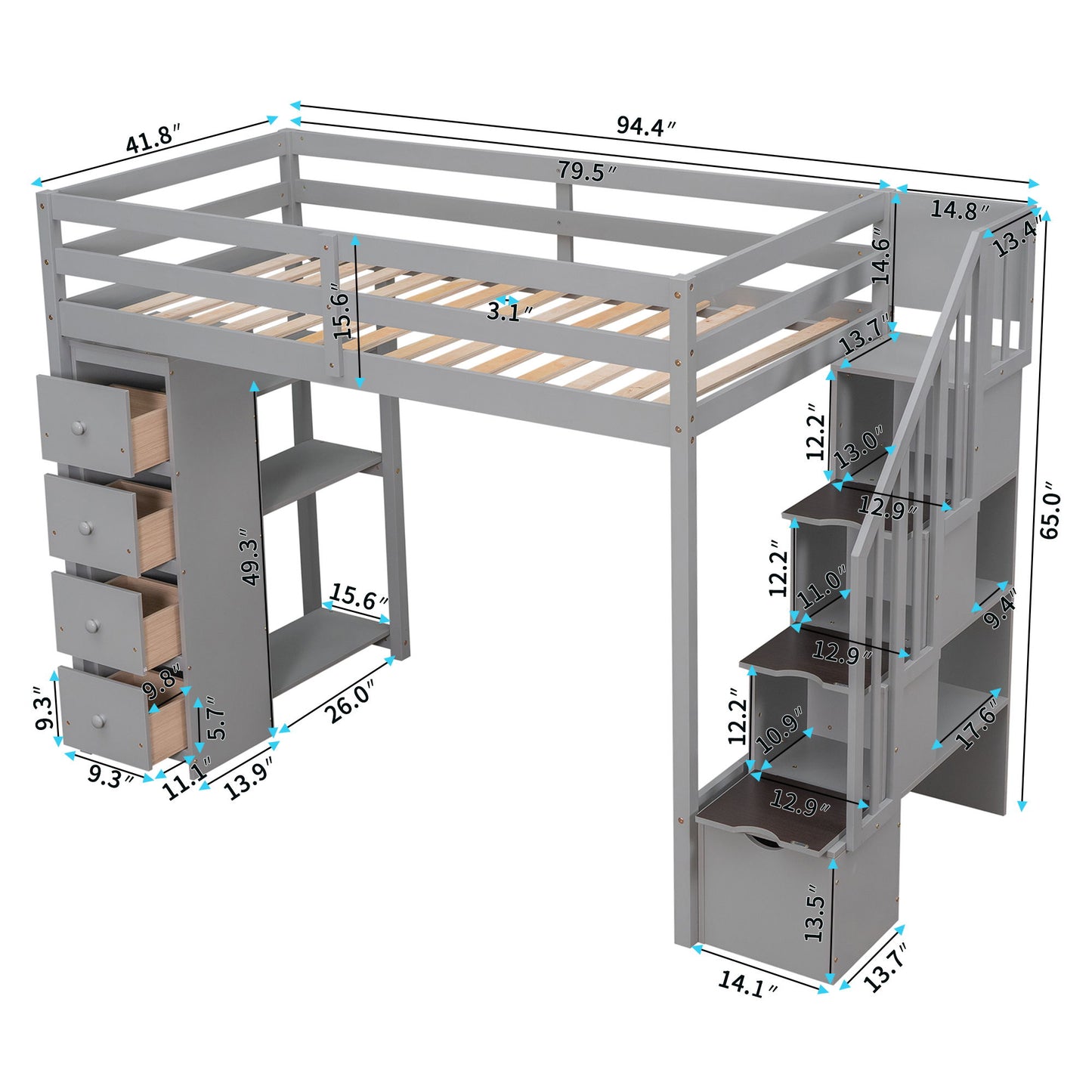 Loft Bed With Storage Drawers And Stairs With Shelves