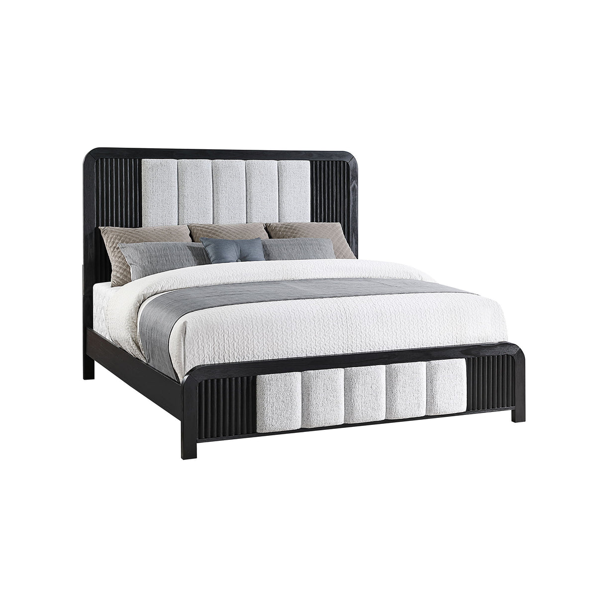 Beverly - Queen Bed With Fluted Detailing, Upholstered Headboard And Footboard, Low Profile Design - Black White