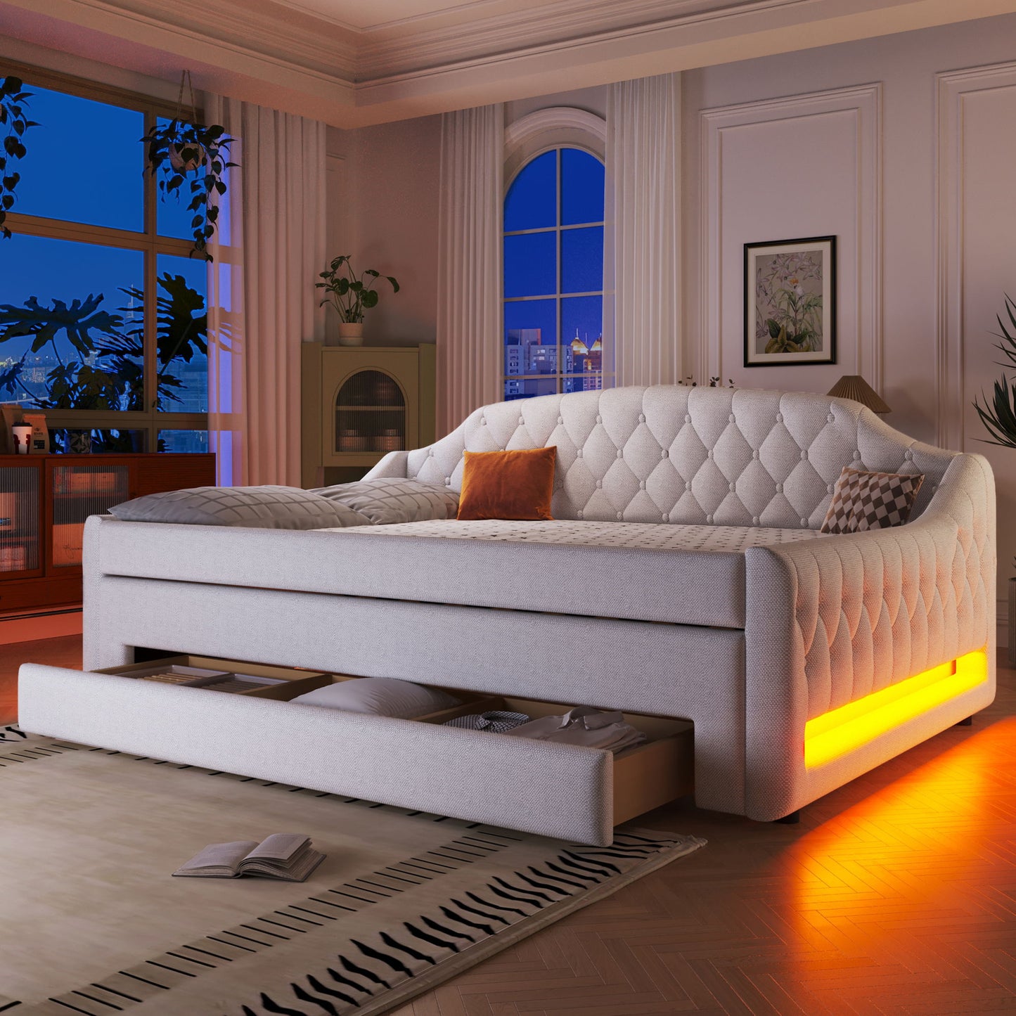 Upholstered Daybed With LED Belt, Trundle And 3 Drawers