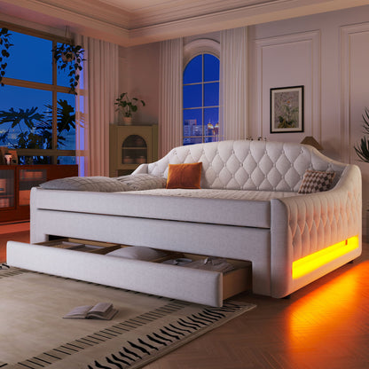 Upholstered Daybed With LED Belt, Trundle And 3 Drawers