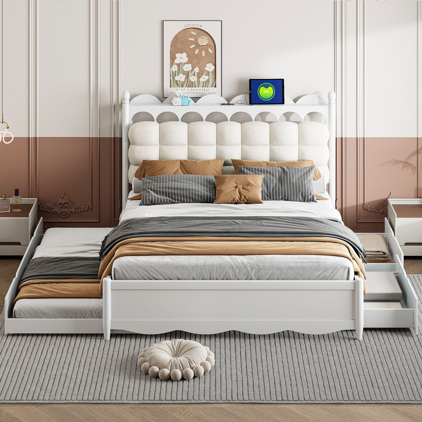 Storage Platform Bed, With 2 Big Drawers, Trundle, One Set Of Sockets & USB Ports