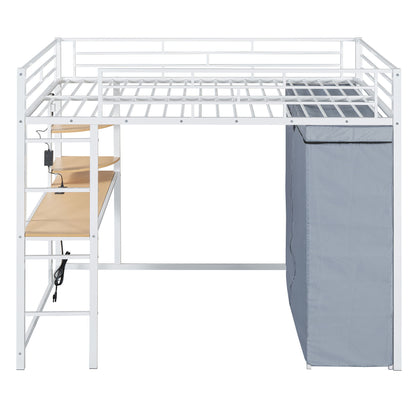 Loft Bed With Desk, Shelves, Power Outlet, LED Light And Wardrobe