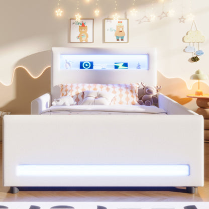 Upholstered Platform Bed With Drawer, LED Light Strip, USB Port