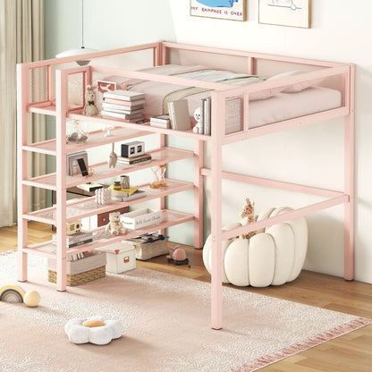 Loft Bed With 4 Tier Shelves And Storage