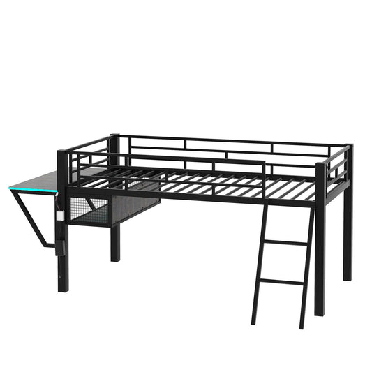 Modern Gaming Mid Loft Bed With Desk And LED Lights