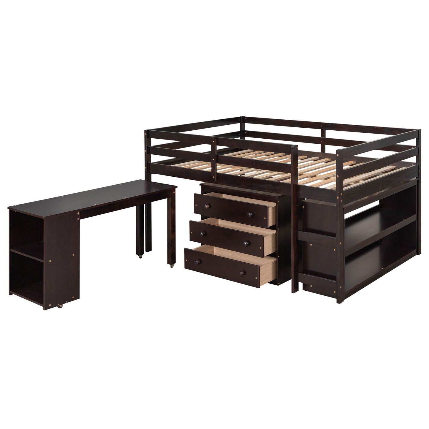 Loft Low Study Bed With Cabinet, Shelves And Rolling Portable Desk, Multiple Functions