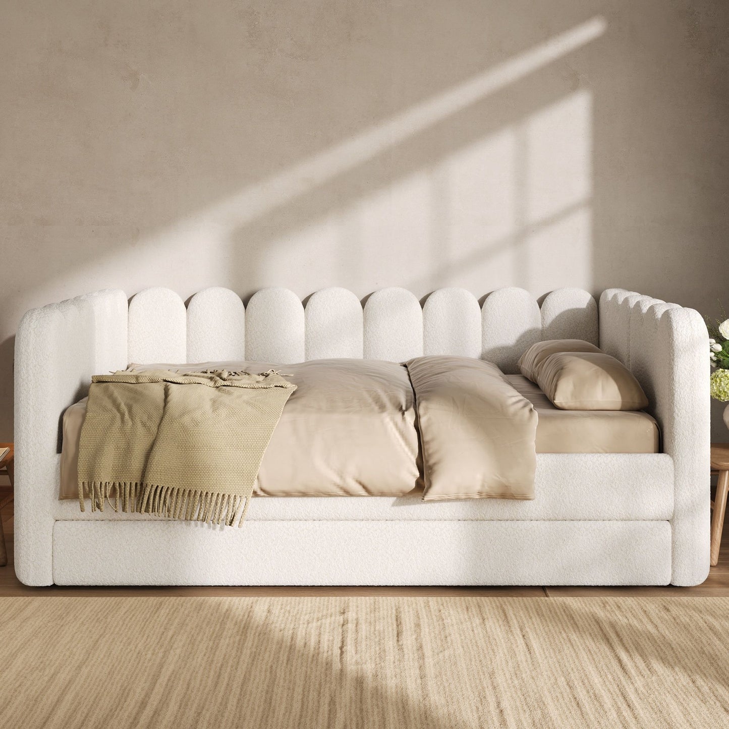 Upholstered Daybed With Curved Ribbed Panel Design