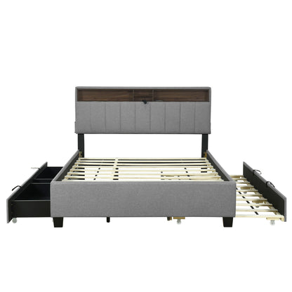 Upholstered Platform Bed With Storage Headboard, Trundle & 2 Drawers And A Set Of Sockets & USB Ports