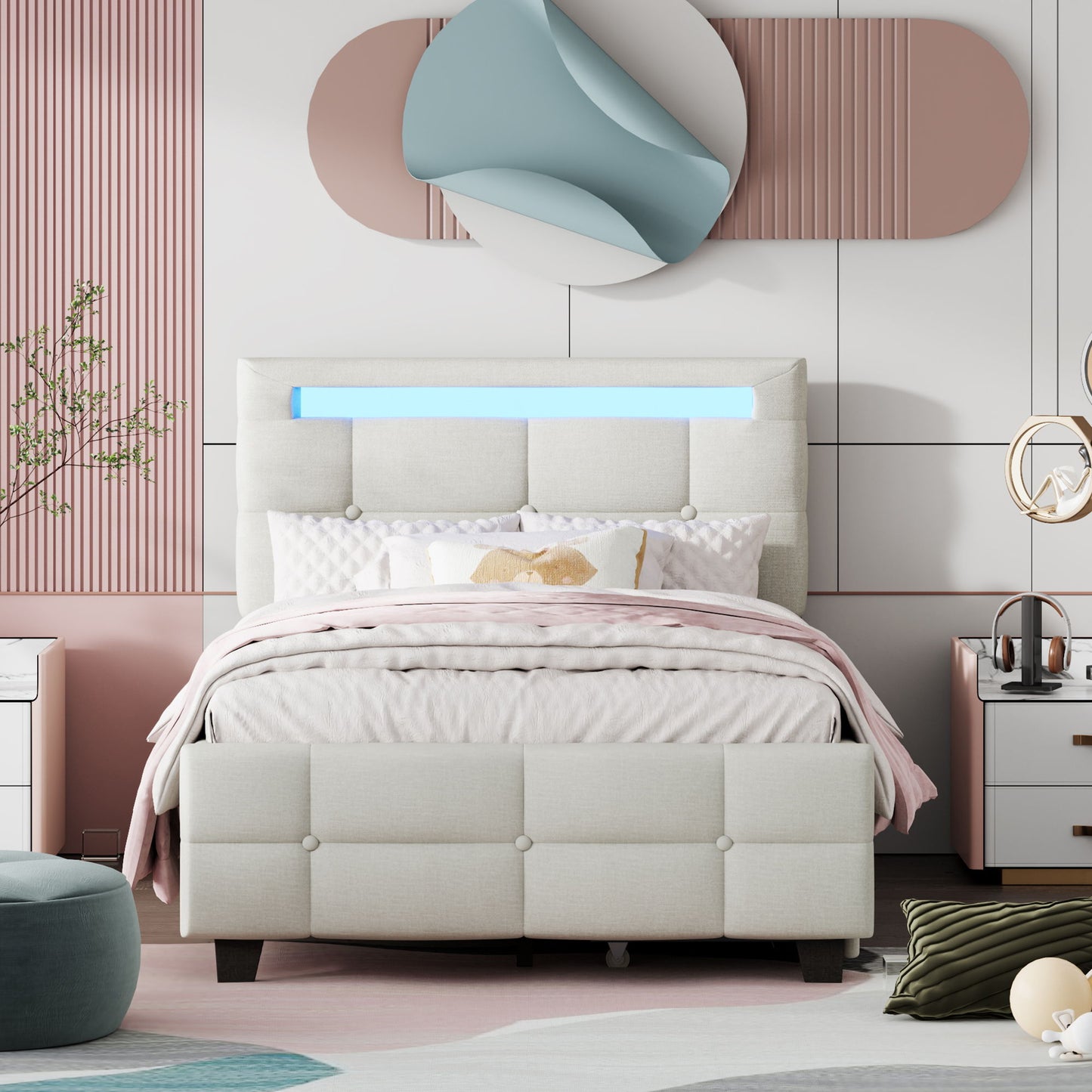 Upholstered Platform Bed With LED Frame, With Trundle And 2 Drawers