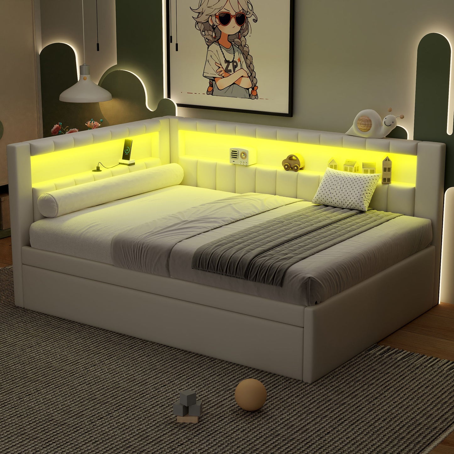 Upholstered Platform Bed With USB Ports And LED Belt