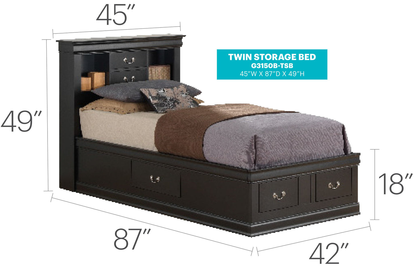 Traditional Style Bookcase Storage Bed