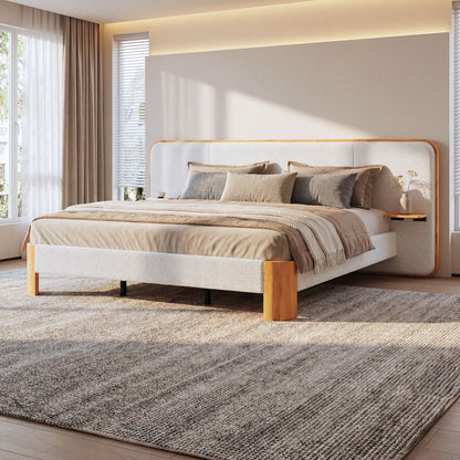 Upholstered Platform Bed Frame With Curved Headboard, Built-In Floating Shelves