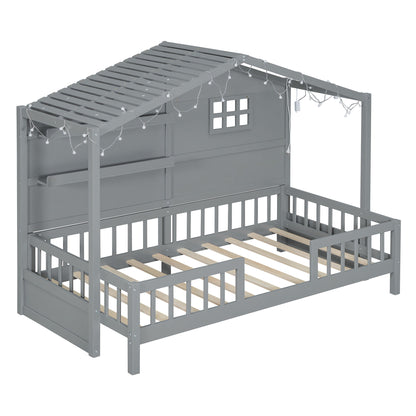 House Bed With Shelves, Window And Sparkling Light Strip On The Roof