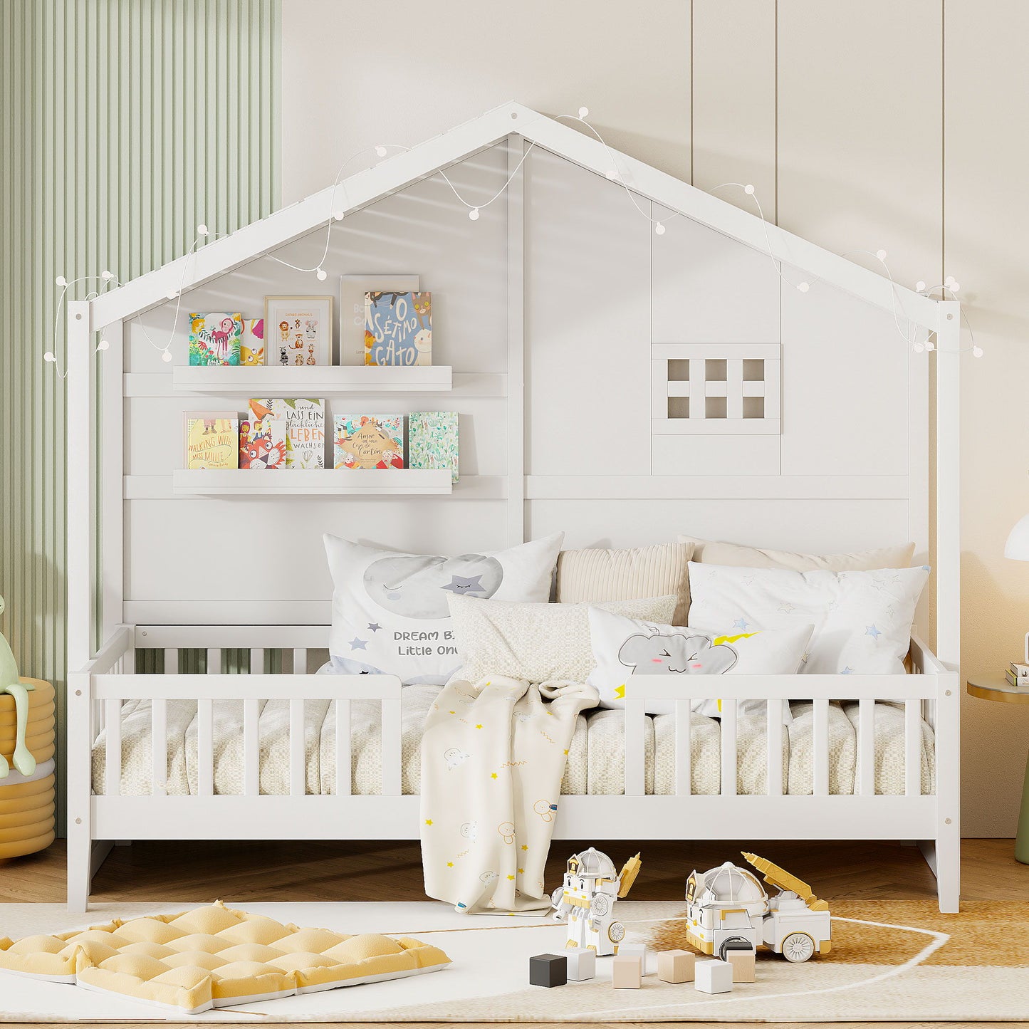 House Bed With Shelves, Window And Sparkling Light Strip On The Roof