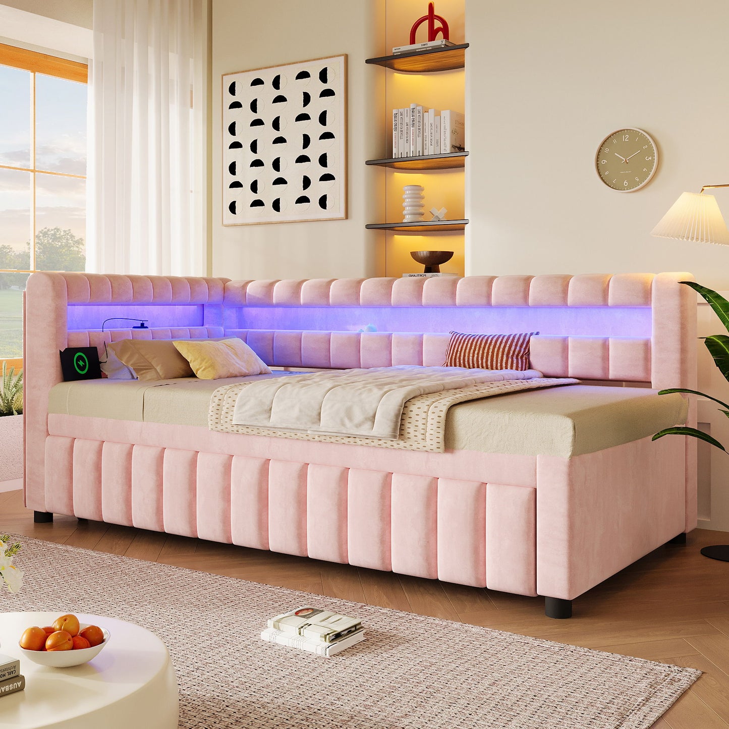 Upholstered Daybed With LED Lights, USB Charging, Pull Out Trundle Bed