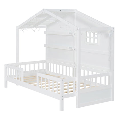 House Bed With Shelves, Window And Sparkling Light Strip On The Roof