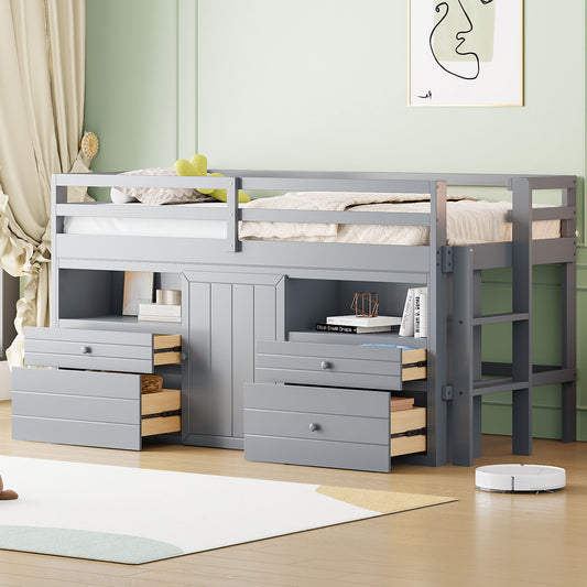 Loft Bed With 4 Drawers, Underneath Cabinet And Shelves