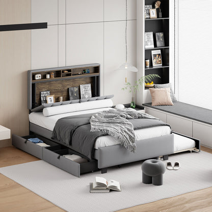 Upholstered Platform Bed With Storage Headboard, Trundle & 2 Drawers And A Set Of Sockets & USB Ports
