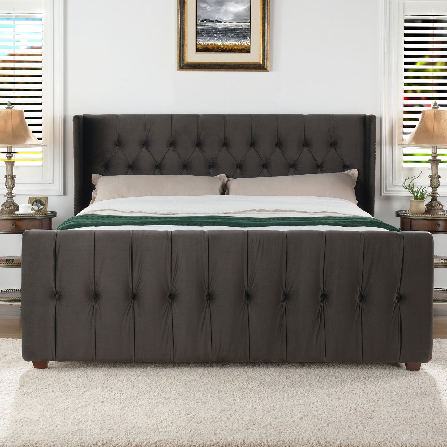David - King Tufted Wingback Bed - Dark Charcoal Gray