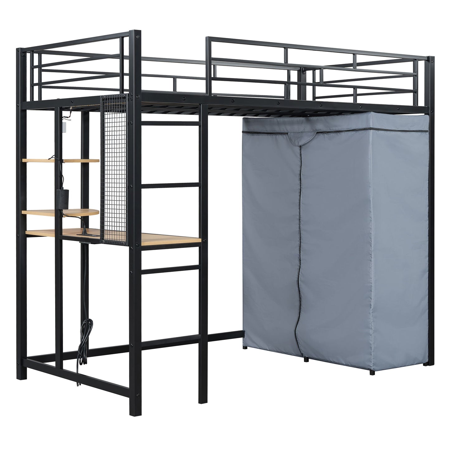 Loft Bed With Desk, Shelves, Power Outlet, LED Light And Wardrobe
