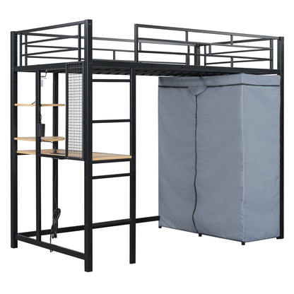 Loft Bed With Desk, Shelves, Power Outlet, LED Light And Wardrobe